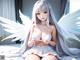Anime girl with long white hair sitting on a bed.