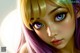 A close up of a girl with purple hair and blue eyes.